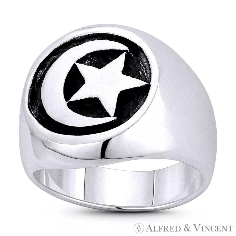 Crescent Moon & Star Turkish Islam Charm Men's Ring in .925 Sterling Silver Sz13